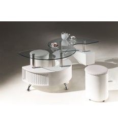 Table basse en verre avec deux poufs