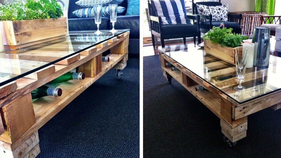 Table basse palette plateau verre