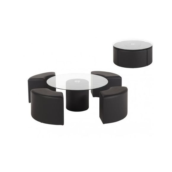 Table basse carree wengé et 4 poufs