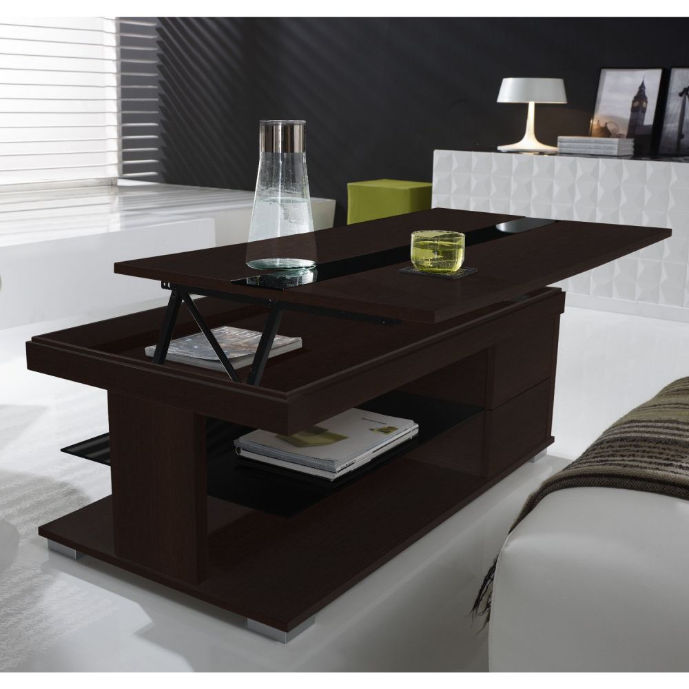 Table basse relevable lea wenge et verre noir