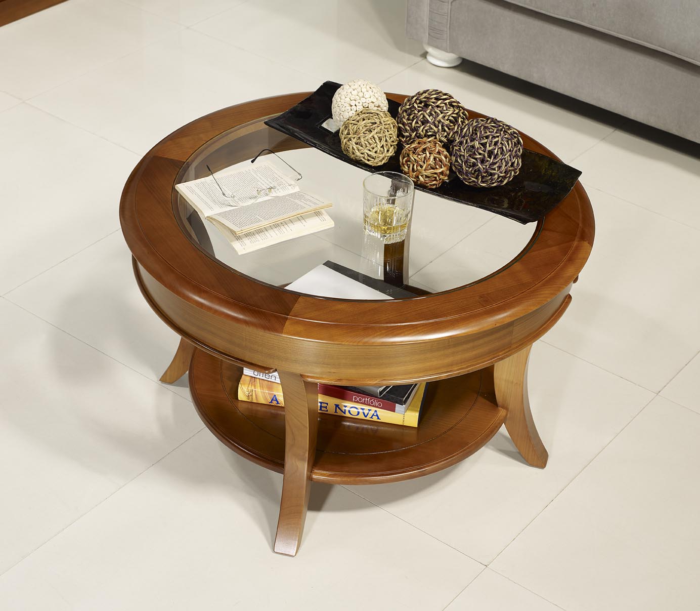 Table basse ronde en bois et verre