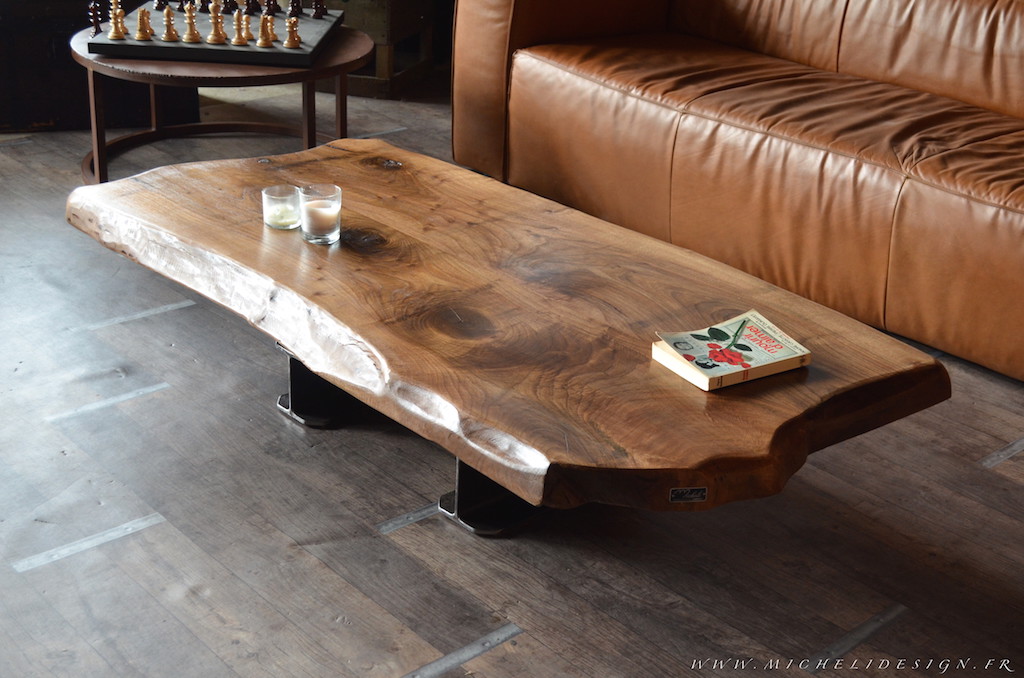 Table basse bois brut industrielle