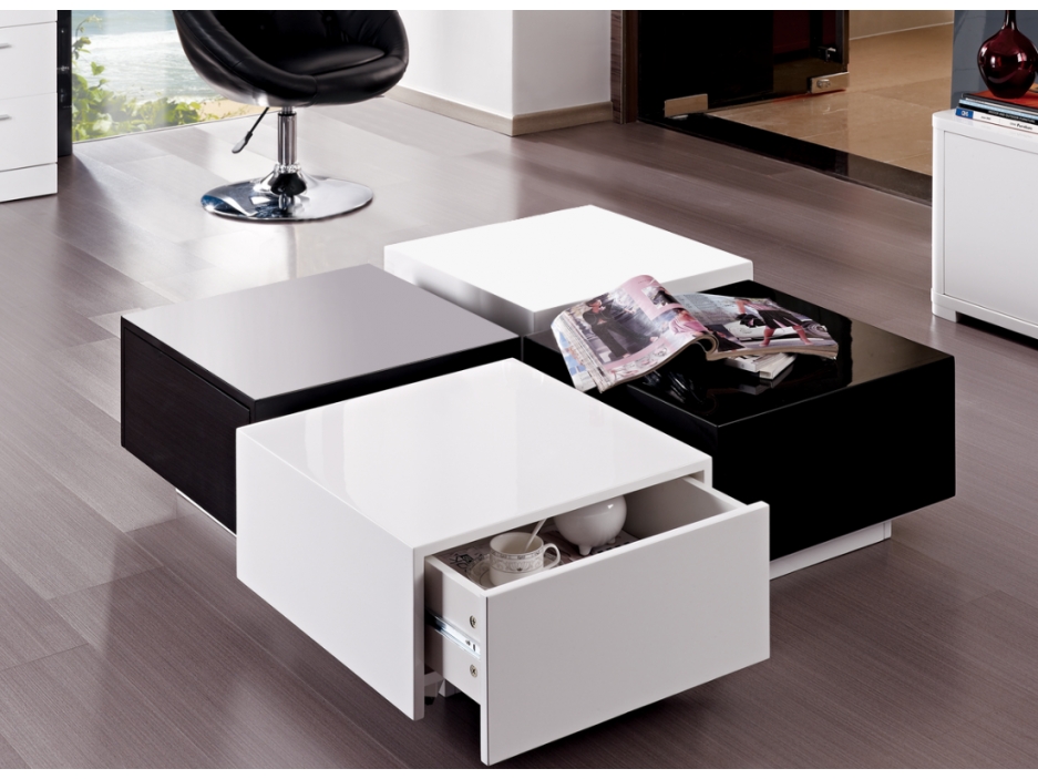 Table basse carrée plateaux pivotants bois laqué l60cm amber