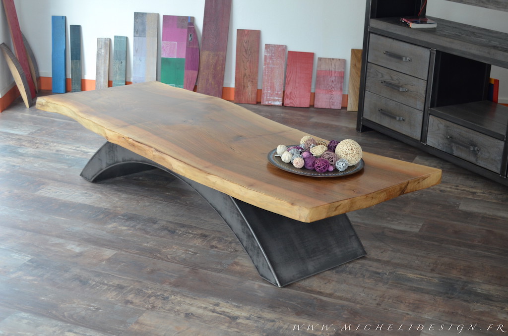 Table basse verre et bois brut