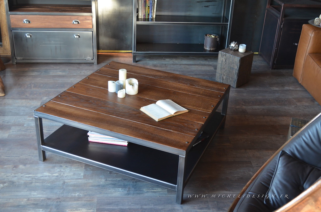 Table basse bois et fer 2 plateaux