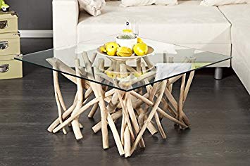 Table basse verre pied bois flotté