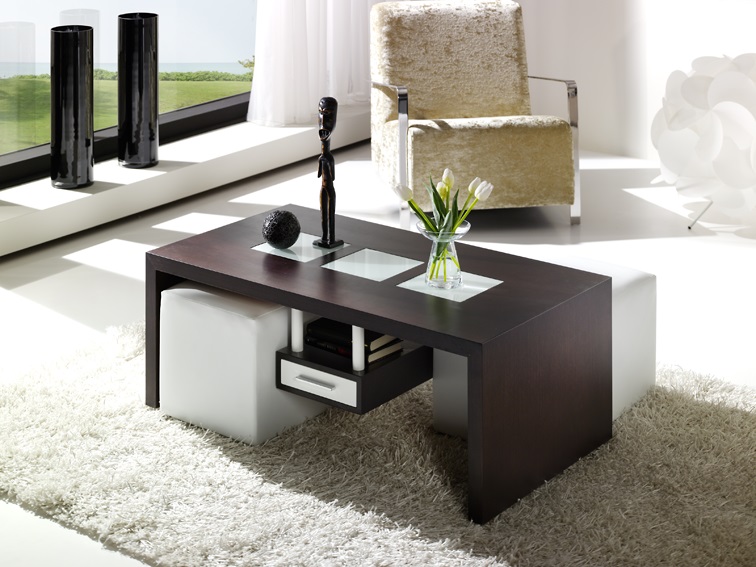 Table basse bois avec poufs