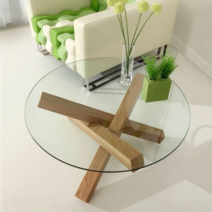 Table basse bois et verre ancienne