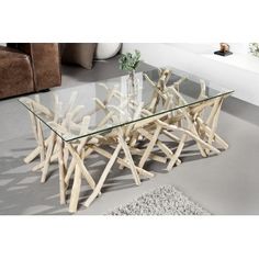 Table basse bois flotté plateau verre