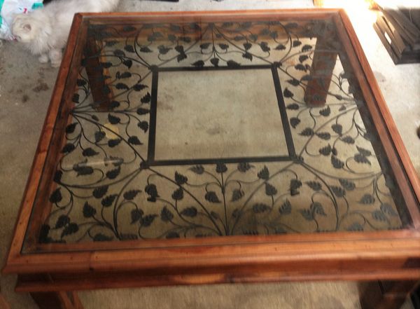 Table basse bois verre fer forgé