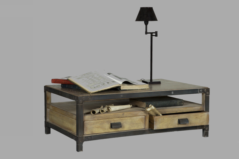 Table basse bois et metal avec tiroir