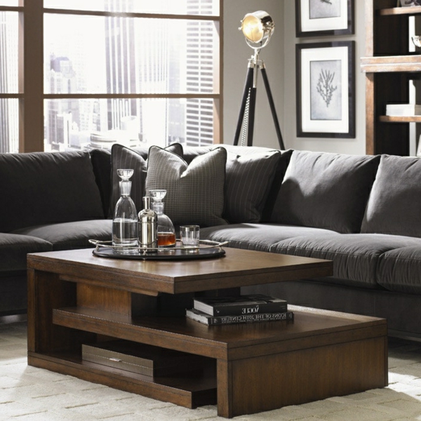 Canape gris table basse bois