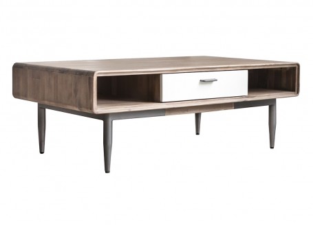 Table basse 2 tiroirs - blanc laqué mat et imitation bois foncé