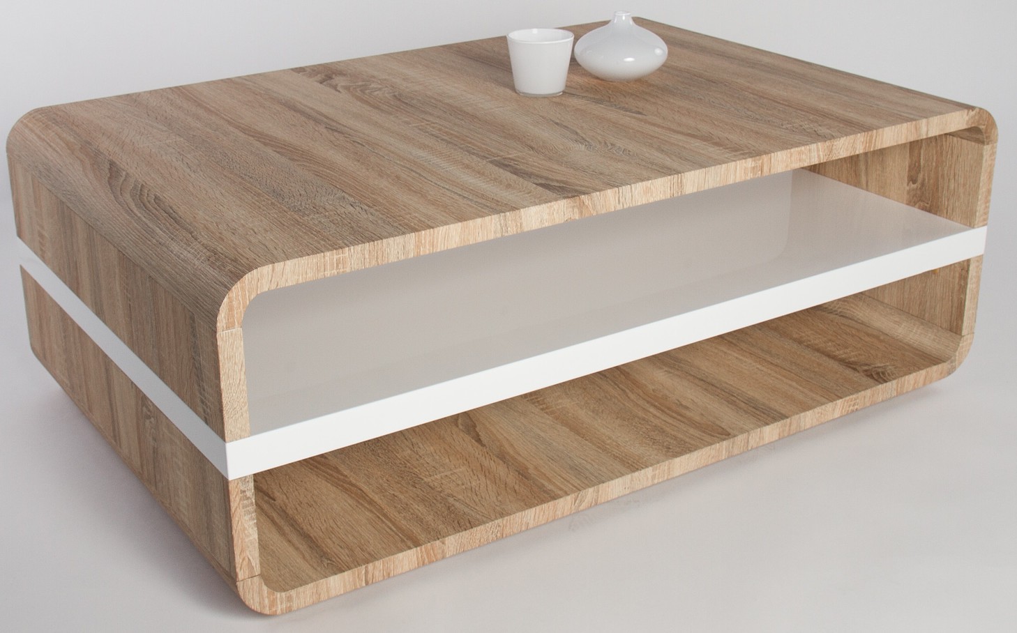 Table basse bois massif blanche avec plateau en verre