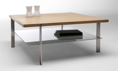 Table basse carré en verre et bois