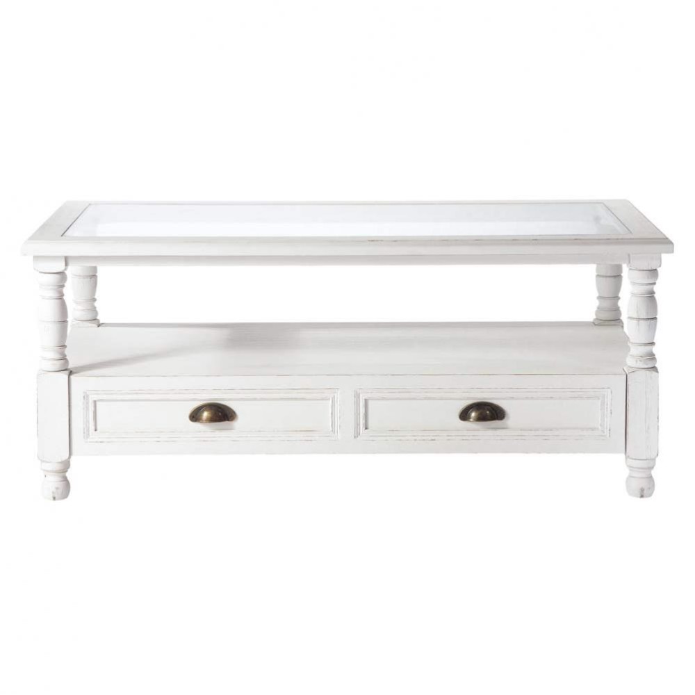 Table basse bois blanc verre