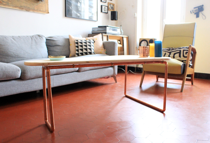 Table basse cuivre et bois