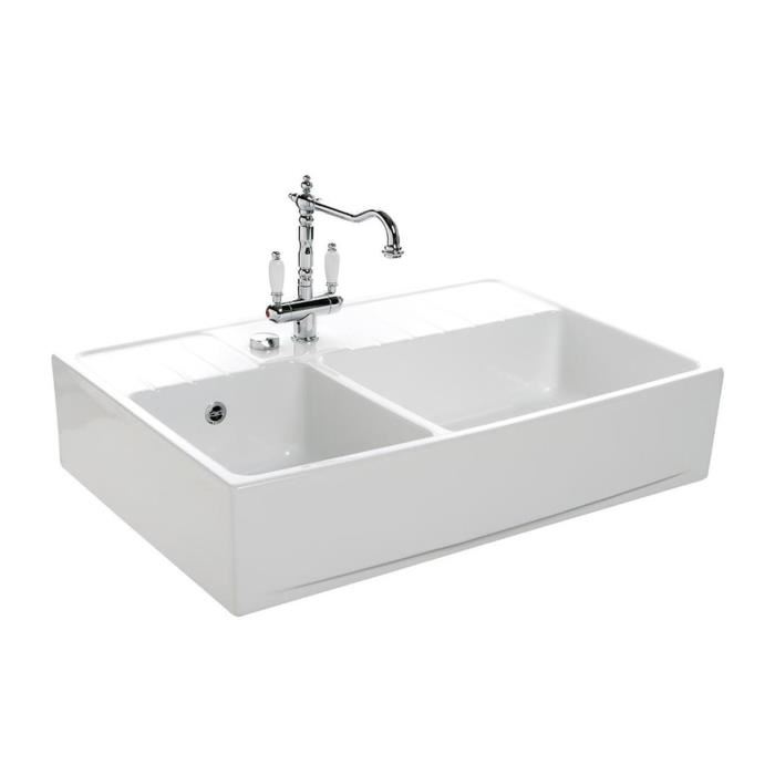 Evier céramique blanc 2 bacs 1 égouttoir